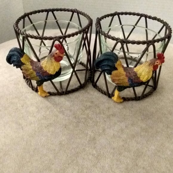 VINTAGE METAL WIRE ROOSTER CANDLE HOLDERS RUSTIC FARMHOUSE DECOR GLASS CUPS - Picture 3 of 10